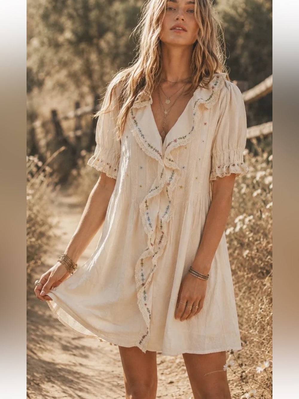 Boho NWT festival daze Cream Ruffle Embroidered Boho Mini Dress size S-M-L